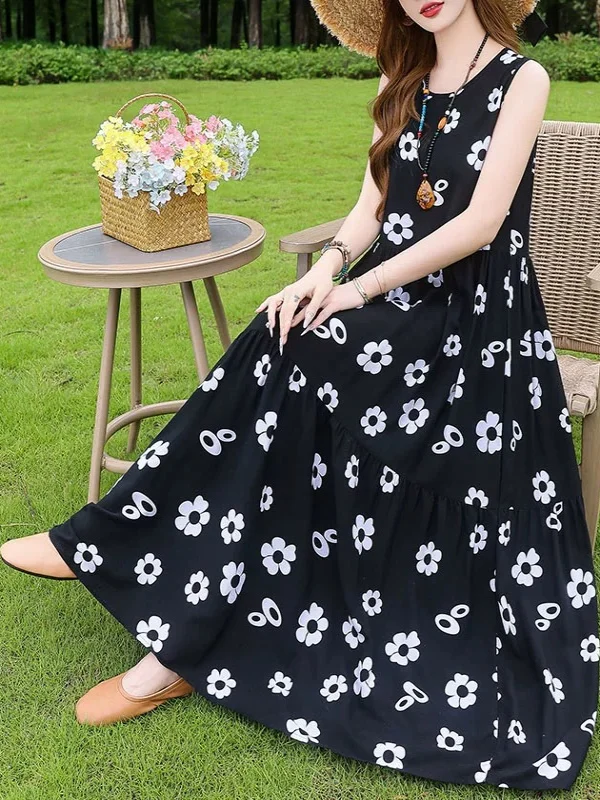 Summer New plus Size Floral Cotton Silk Dr Women's Strap Beach Skirt Svel Holiday Lightweight Long Dr