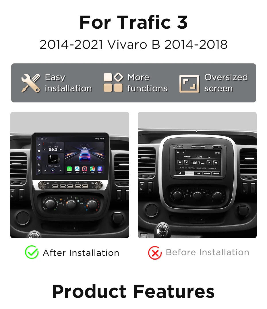 10,1" Autoradio für Renault Trafic 3 2014-2021 für Vivaro B 2014-2018, kabelloses CarPlay, Android Auto, Head Unit, IPS-Touchscreen mit physischen Tasten, DSP, GPS-Navigation, RDS, BT, SWC, Plug-and-Play, 2DIN-Multimedia-Player mit zwei physischen Knöpfen. – Detail 7