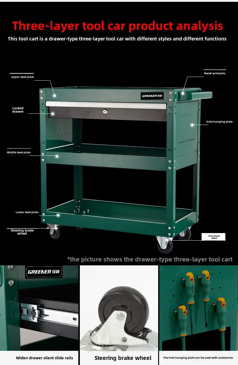 Мобильная тележка для хранения инструментов с 3-мя ящиками, органайзер для мастерской