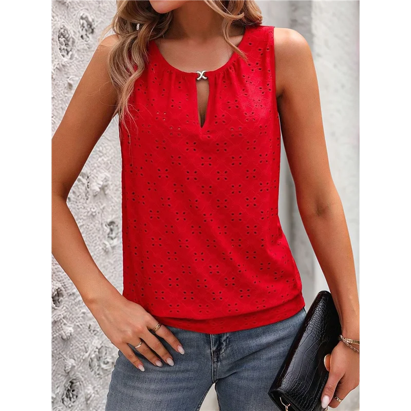 ASDS-Dames zomermode oogje tops ronde hals mouwloze shirts dames shirts