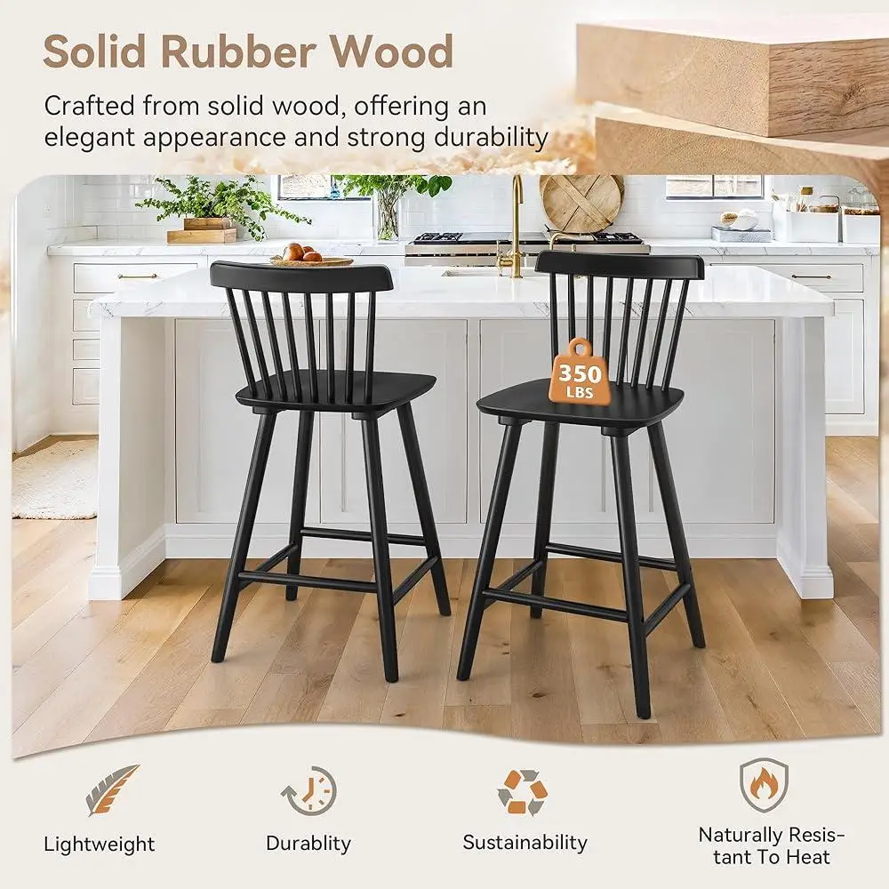 4 Pieces Windsor Wooden Bar Stools Set 24 Inch Counter Height with Comfortable Seating Contoured Backrest Kitchen