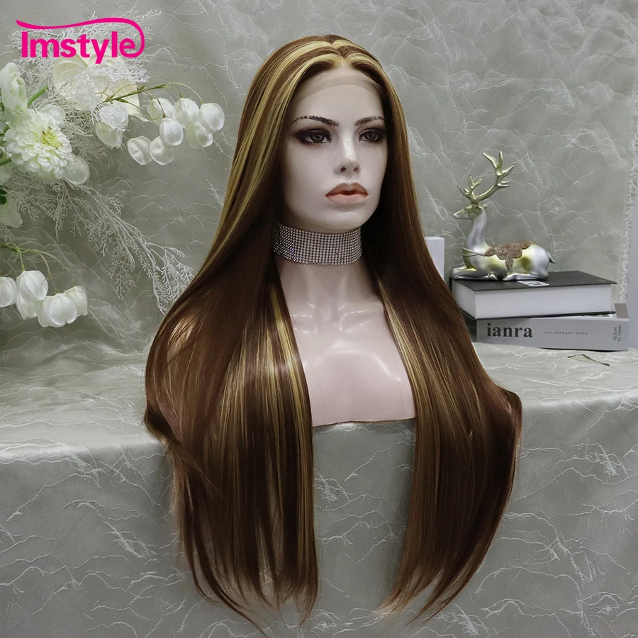 Imstyle Brown Wig Long Synthetic Lace Front Wig T Part Lace Wig Straight Hair Red Wigs For Women Heat Resistant Fiber Daily Wig