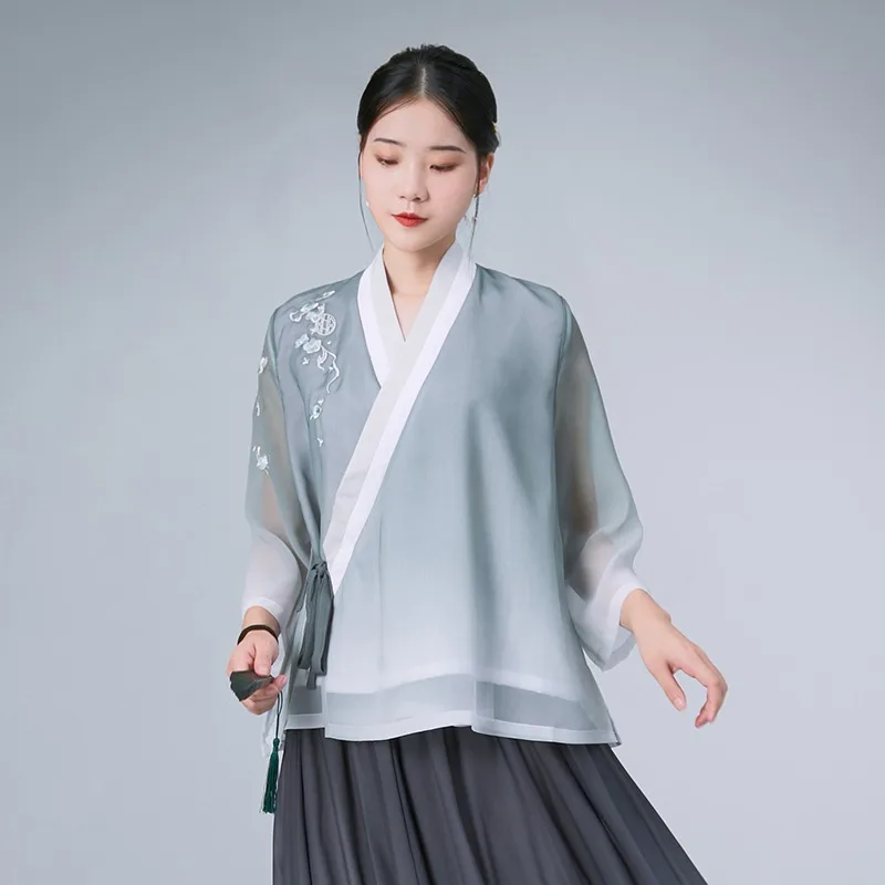 قميص Zen Hanfu الصيفي الأصلي للنساء بدلة تانغ أنيقة ملابس تقليدية فنية ريترو للنساء على الطراز الصيني العرقي #2