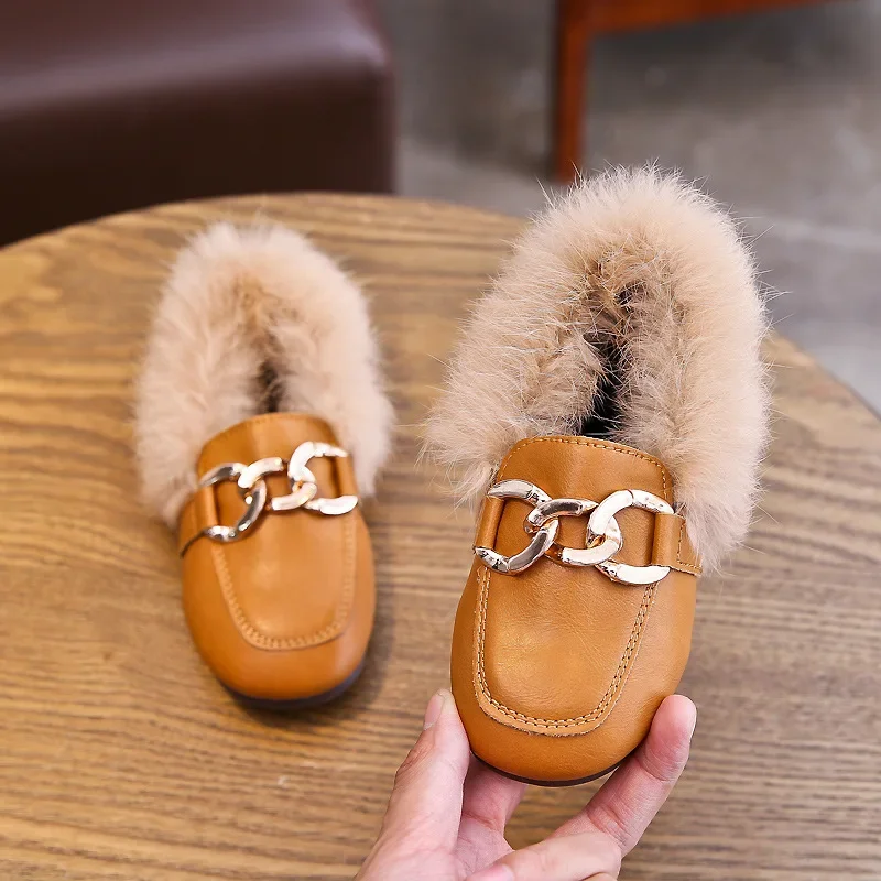 Children's Winter Cotton Shoes Warm Plush Fluffy Fur Girls Flats Kids Loafers With Metal Chains Fashion Toddler Shoes