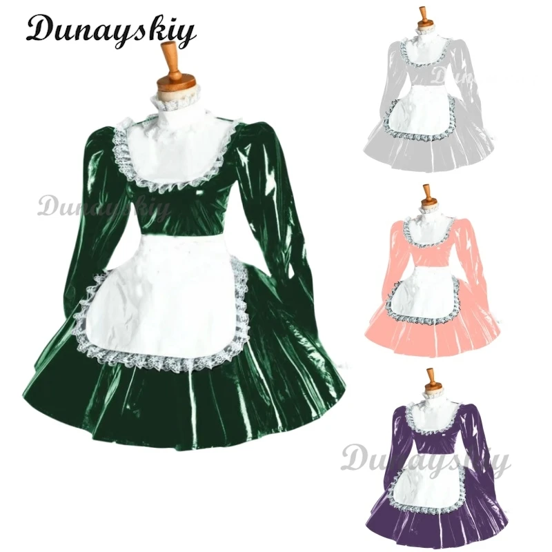 

Puff Long Sleeve Gothic Mini Dress Cosplay Women Lolita Bowknot Lace Apron Dress PVC Wetlook Maid Cosplay Halloween Maid costume