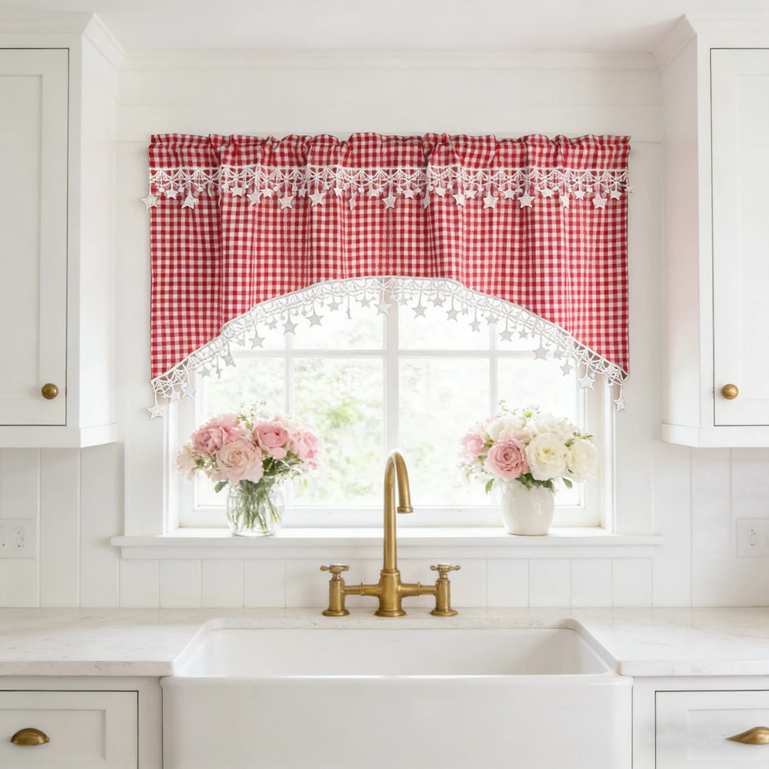 Classic Plaid Arched Curtain with Star Trim, American Country Farmhouse Short Curtain for Kitchen Windows, Doorway Half Curtain