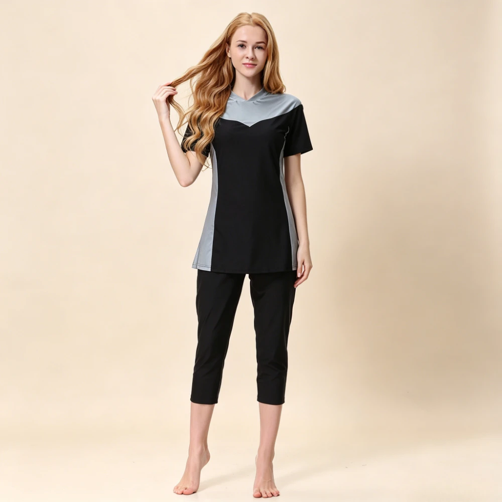 3PCS Color Block Burkini Swimwear Short Sleeve Tunic Top 3/4 Capri Pants with Swim Cap UPF50+ Muslim Bathing Suit Beach Swimwear
