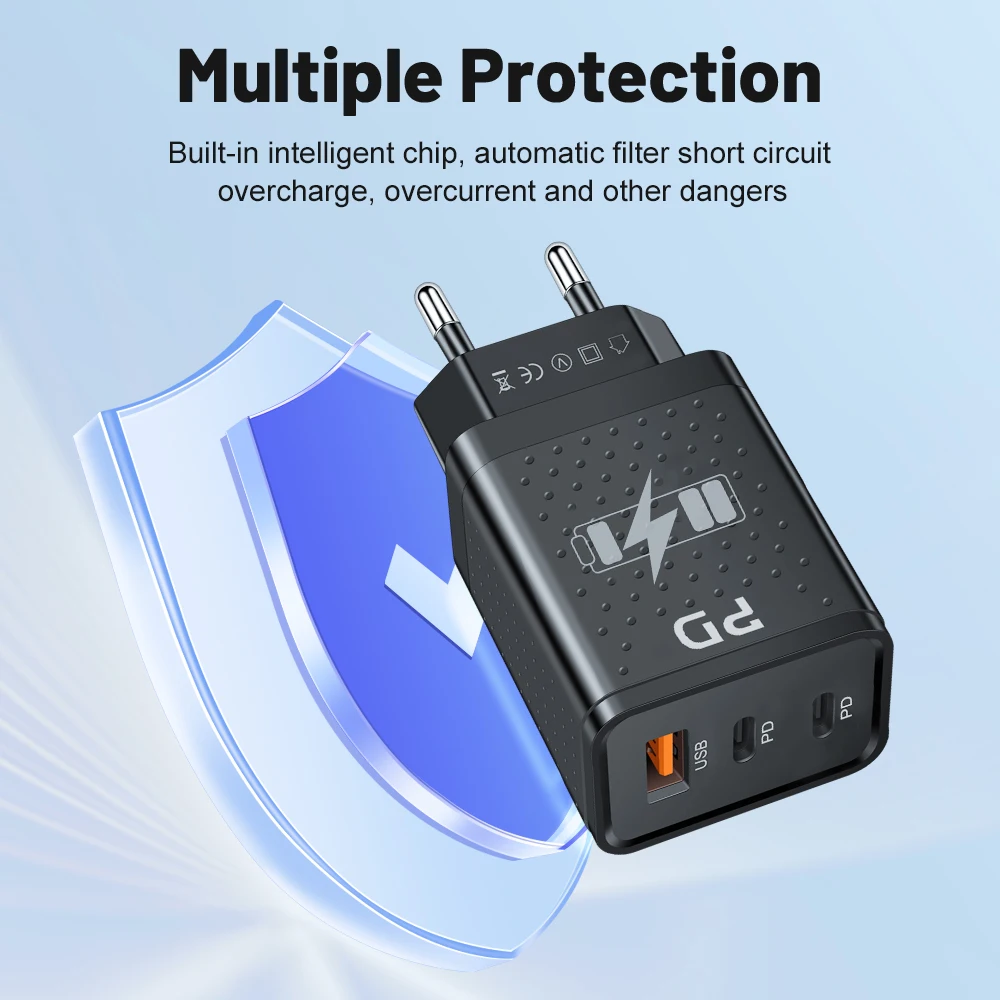 USB Type C Charger Total 45W 3 Ports Fast Charging EU/US Plug Wall Charger For iPhone Samsung Xiaomi Multi Port PD Phone Charger