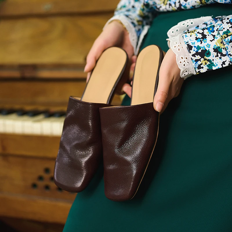 2026 new summer women sandals natural leather 22-25cm sheepskin+pigskin square toe mules low heel women slippers fashion