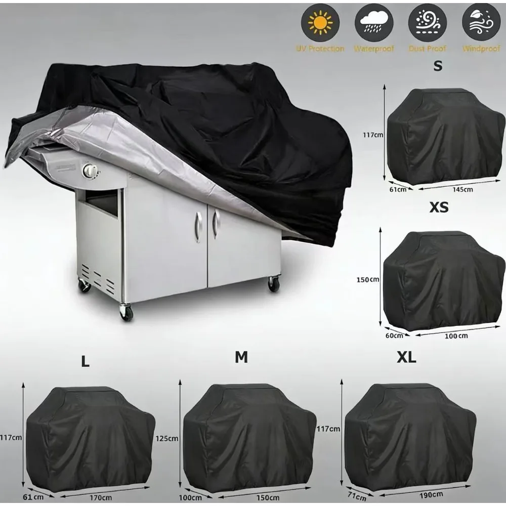 Black Heavy Duty Outdoor Gas Grill Cover Waterproof Windproof UV Resistant Heat Resistant BBQ Protective Accessory