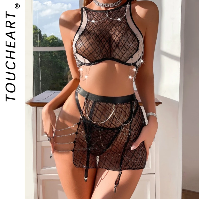 

Toucheart 3 Piece Set Sexy Hollow Underwear For Women Sexy Fishnet Suit Chain Slit See-through Sexy Interesting Underwear Suit