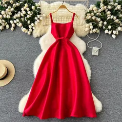 Chic Sashes Sexy Sleeveless Puff Slip Dress A-line Chic Sweet Casual French Beach Vacation Women Summer Vintage Long Dresses