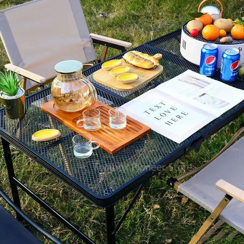 Liftable Folding Table Iron Mesh Outdoor Table Tri-fold Storage Barbecue Picnic Camping Table