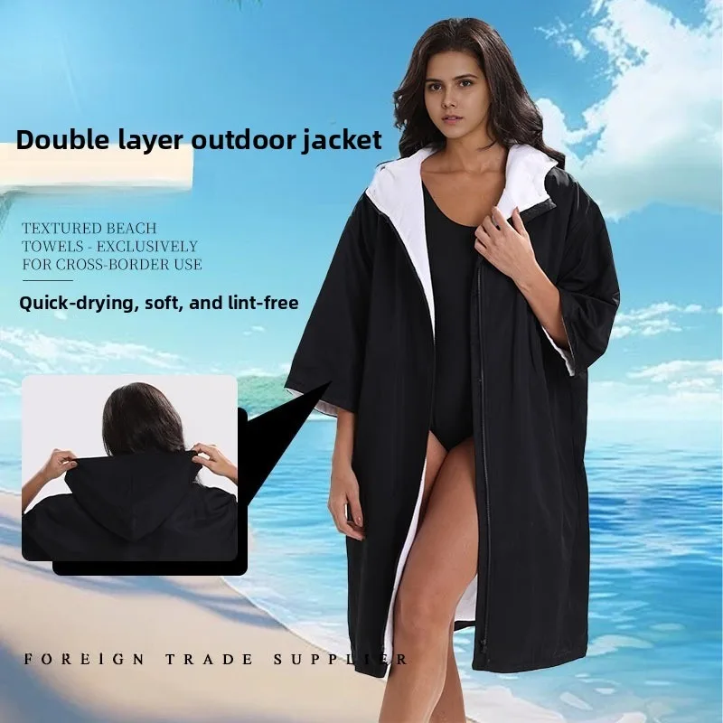 

Quick drying beach bathrobe, men's hooded assault suit, cape, women's zipper, open breasted surfing change, yukata