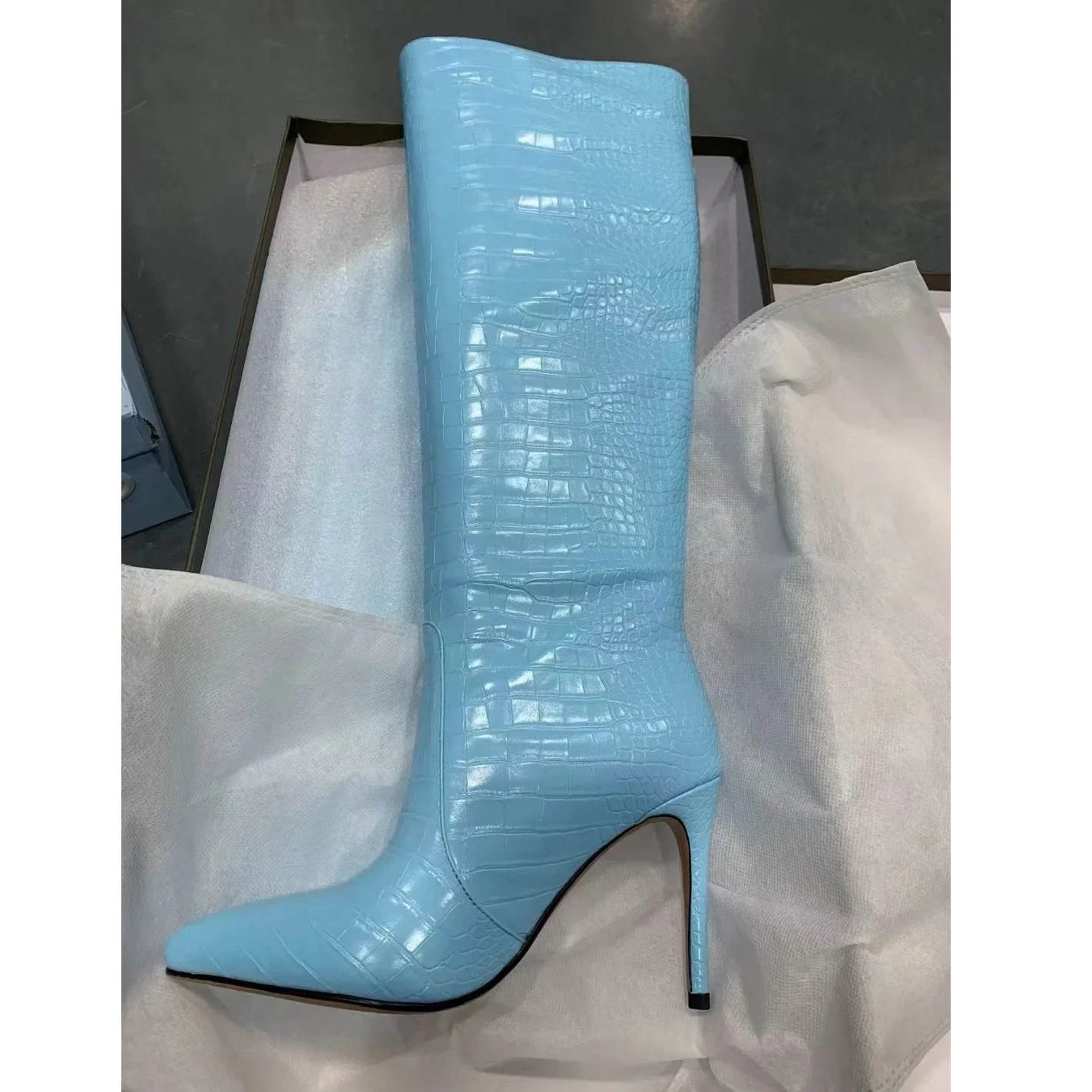 모라이마 Snc 블루 솔리드 스톤 프린트 여성용 부츠 포인티드 토 슬립온 니하이 부츠 스틸레토 하이힐 런웨이 슈즈