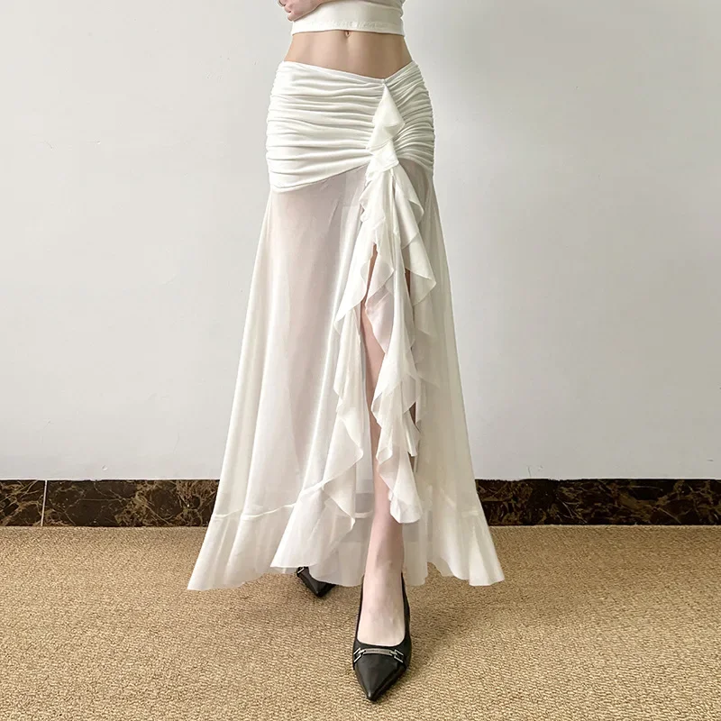 2025 New Mesh Splicing Split Look Slimming Bag Hip Skirt Folded Lotus Leaf Float Irregular Half Body Skirt for Women