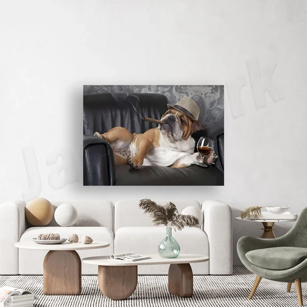 Bulldog Smoking Cigar Art Painting, Bulldog Lying Sofa Animal Canvas Poster Print, Wine Art, Home Decor Wall Art, Unframed