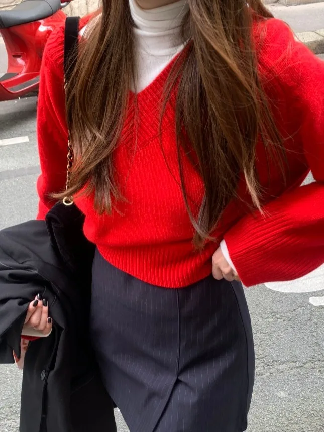 

Autumn Winter Red Knitted Sweater Women's Loose V-Ne Long Sve Layering Design Sense Lazy Sle Faionable Girl's Top