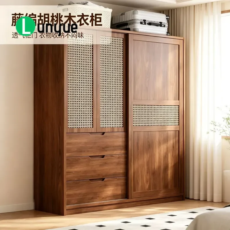 Oak Solid Wood Sliding Door Wardrobe Rattan Invisible Handle Log Color Bedroom Home Storage Cabinet Modern Minimalist