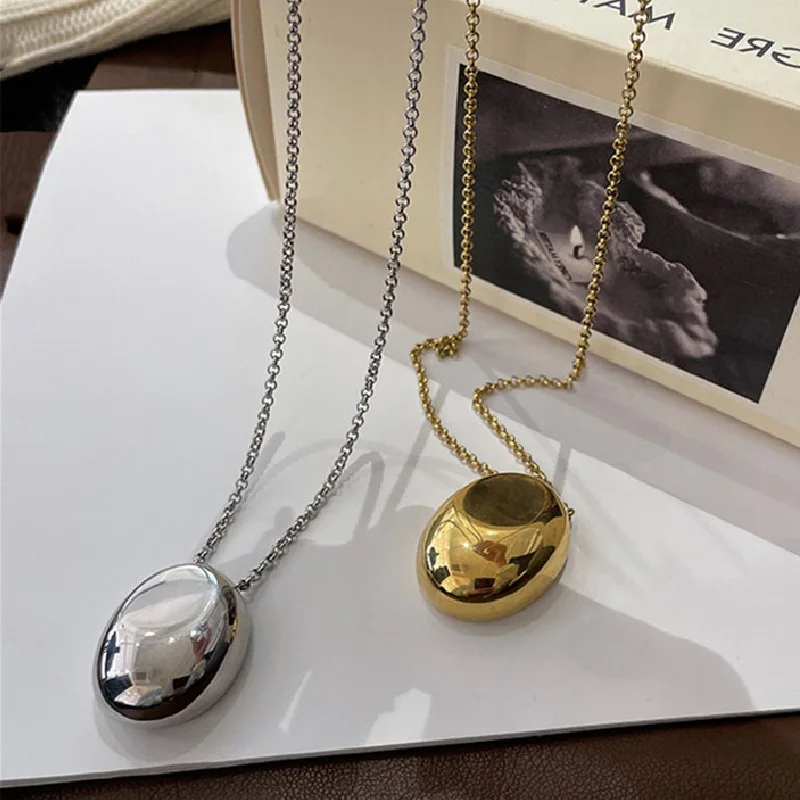 Metal Smooth Large Oval Water Drop Pendant Necklace for Women Girls Stainless Steel Long Sweater Chain Charm Jewelry Gifts