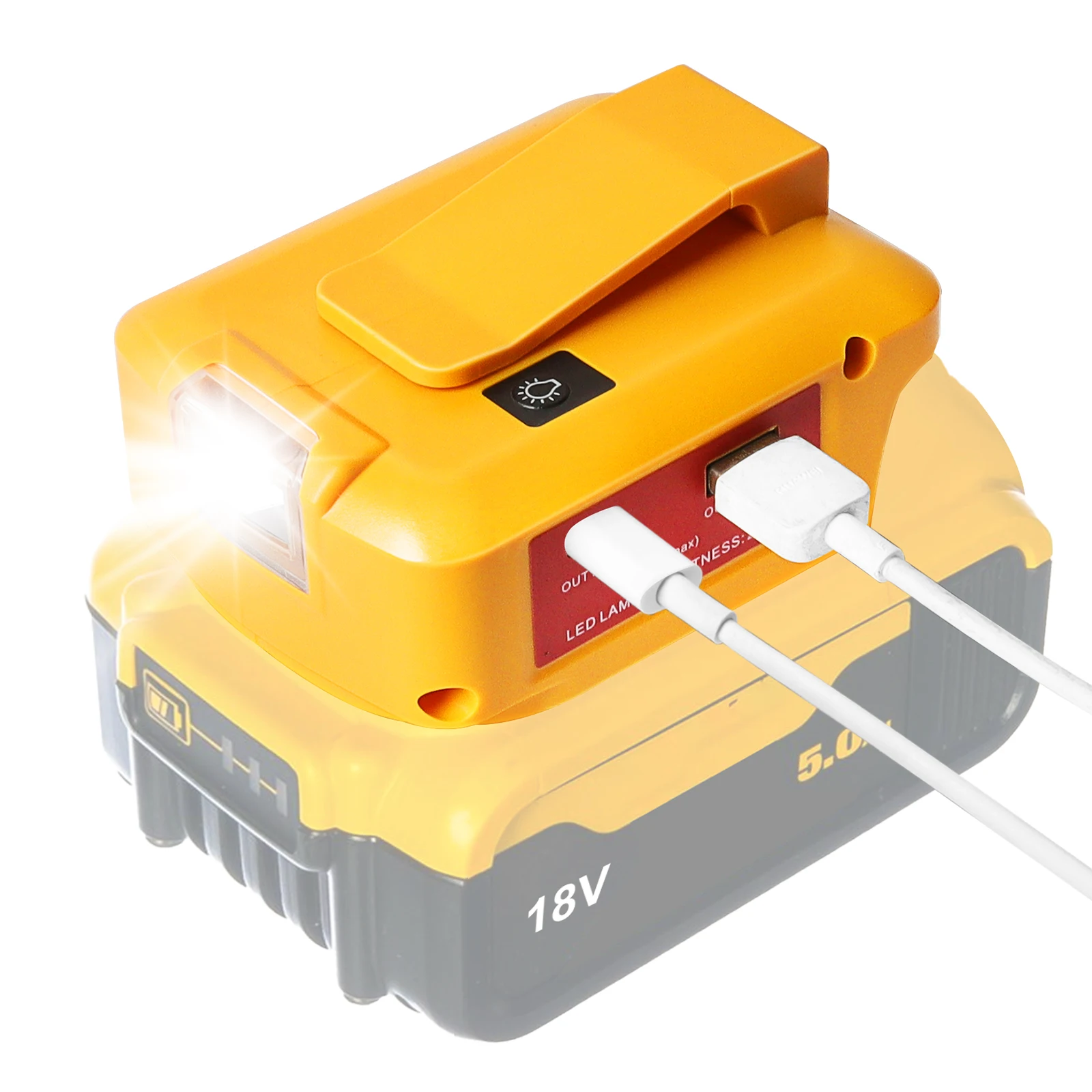 PD 22.5W For Dewalt 18V 20V 54V 60V battery adaptor to QC3.0 USB C fast charger and DIY DC 12V3A  flashing light