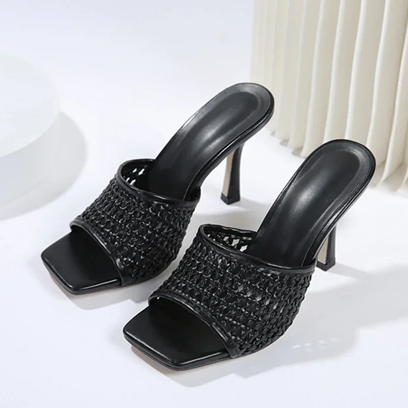 Comfort Concise Woven Design Brand Slippers Women Fashion Mesh Square Toe Slide Sandals Summer Sexy Open Toe High Heel Sandals