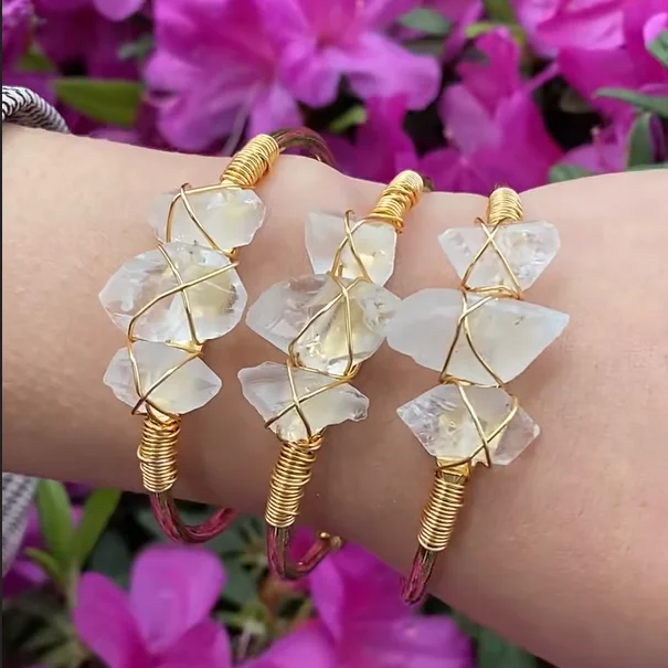 Natural Stone Open Bangle Jewelry Women Gold Color Wire Wrap Irregular White Crystal Quartz Cuff Bangles Bracelets BG001AMAB