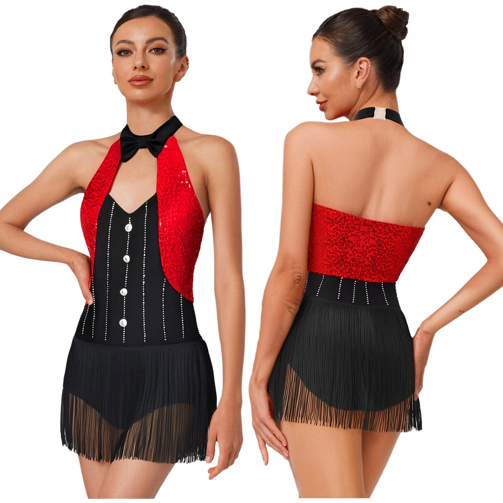 

Womens Sequins Fringe Latin Jazz Dance Dress Rhinestones Halter Bow Tie Leotard Ballroom Tango Cha-cha Figure Skating Costume