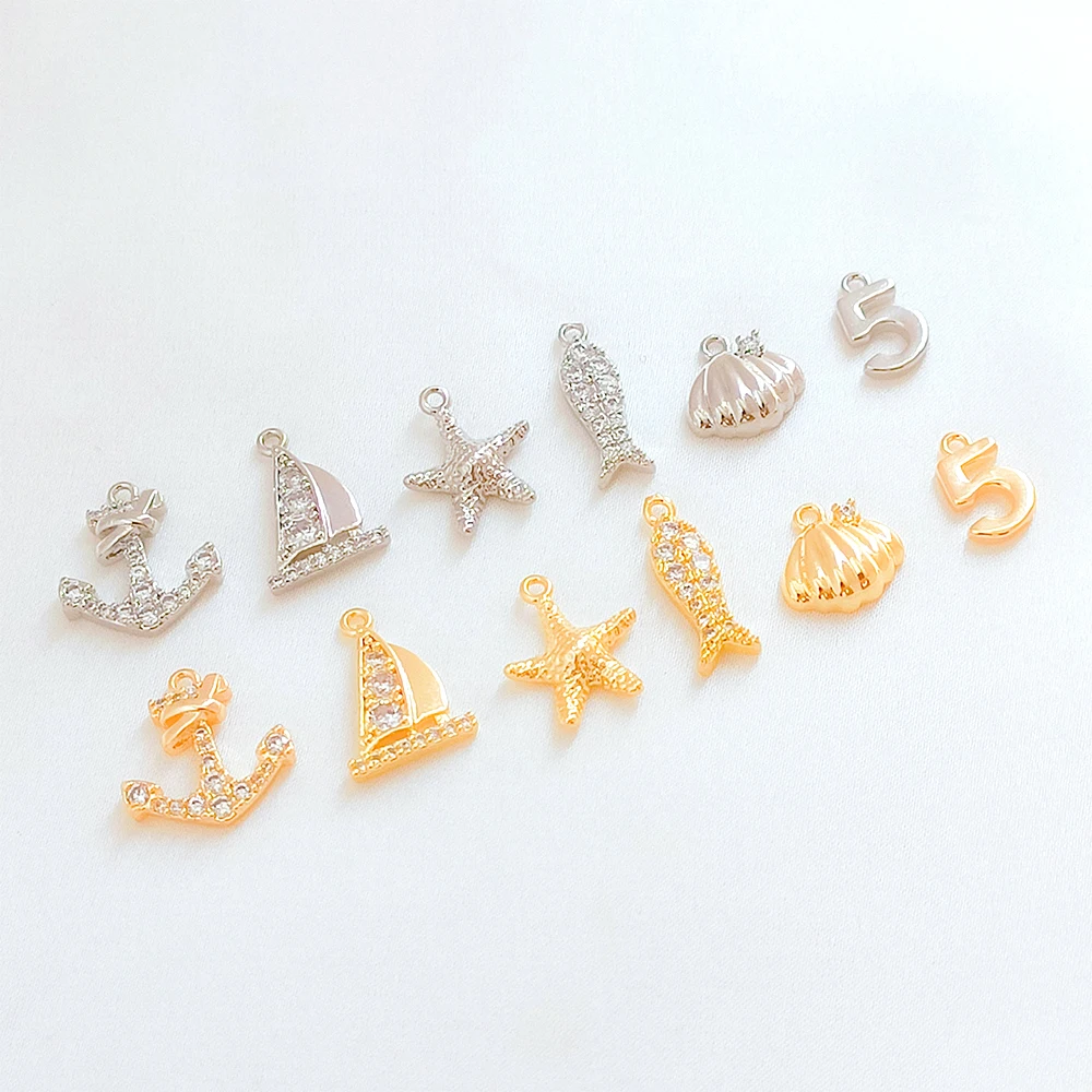Brass Coated Gold Zircon Inlay Anchor Fish Shell Pendant DIY Makes Fashionable Jewelry Necklace Bracelet Accessory Materials