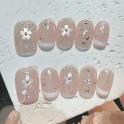 10Pcs Pink Coffin Handmade Press On Nails Full Cover Diamond Design Flower Gradient Oval False Nails Wearable Manicure Nail Tips