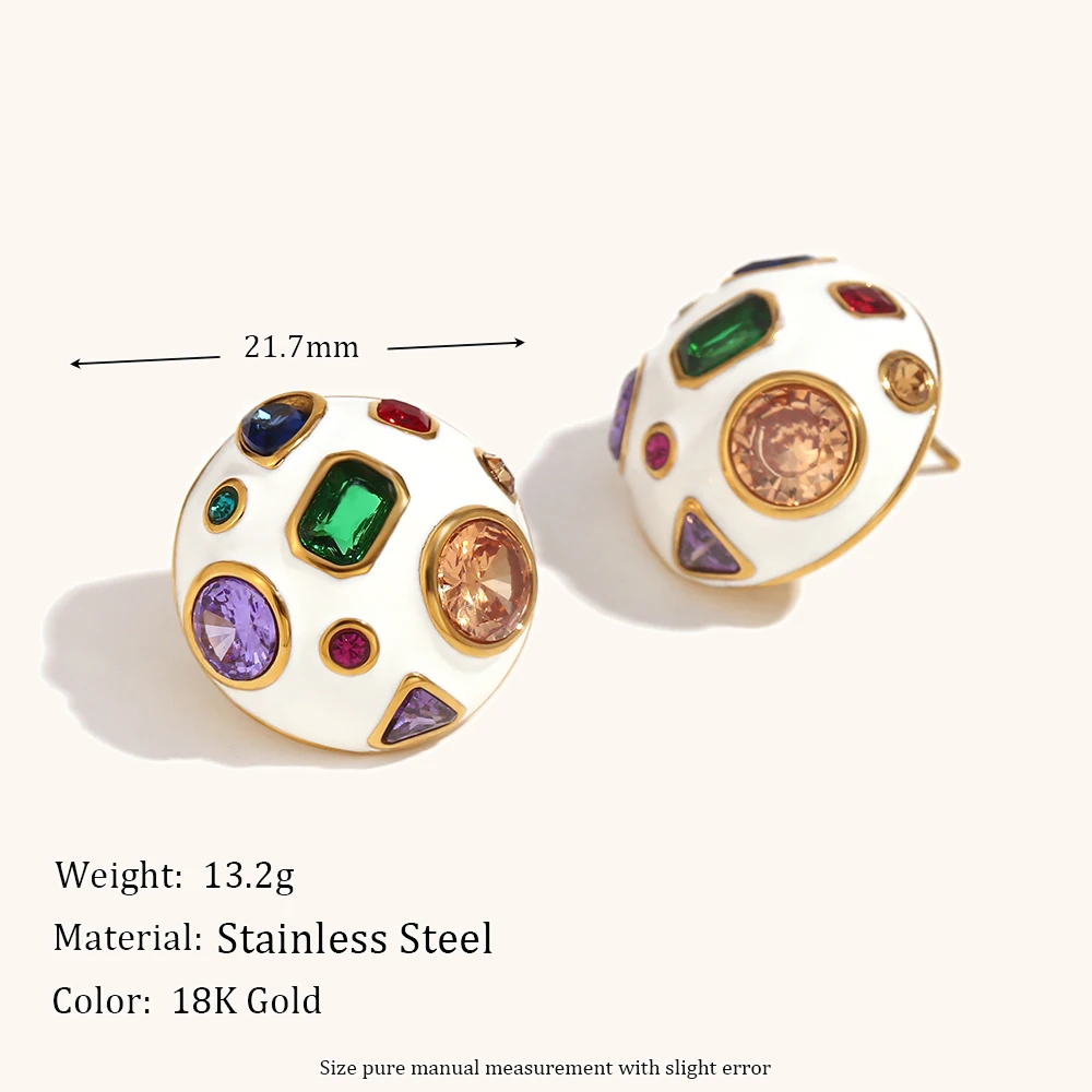 La.Muses White Dripping Oil Colored Geometric Zircon Stainless steel Sphericity Earrings for Women Waterproof Jewelry Gifts