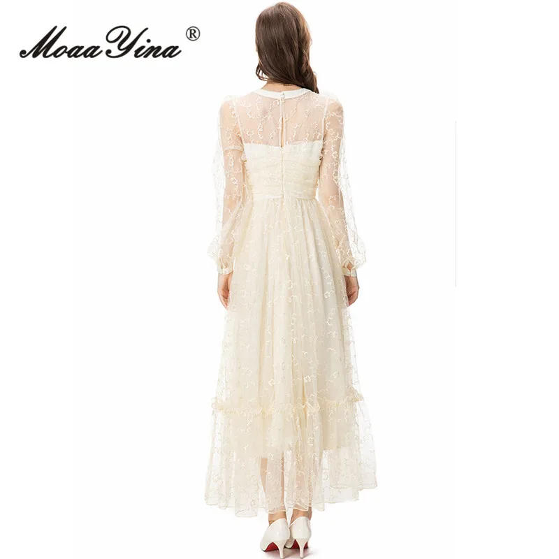 MoaaYina Autumn Fashion Designer Beige Vintage Mesh Dress Women O Neck Embroidery Beading Bow Ruffles High Waist Slim Long Dress