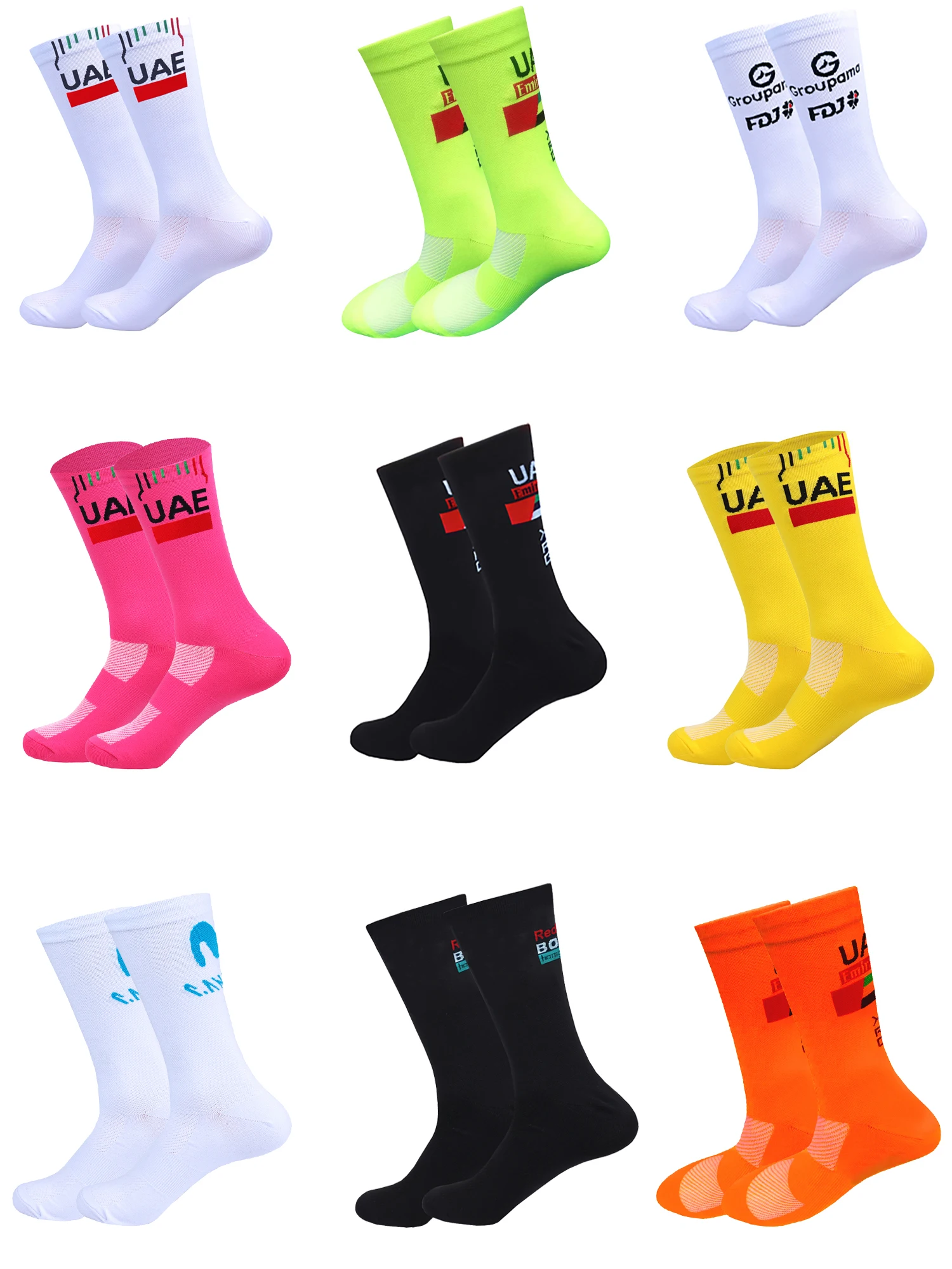 AliExpress NONE New White UAE Team FDJ Cycling Socks Non Slip Soccer Socks Cushioned Breathable For Running Basketball Bike Sports Grip Socks