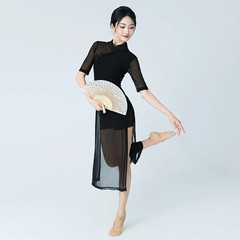 Robe de danse à col montant de style chinois vintage pour femmes, tambour d'été avec fente transparente, robe mi-longue sexy, maille noire transparente