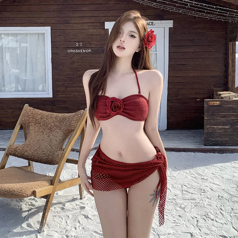 

Sexy 3 Pack Bandeau Bikini 2025 Women's Swimwear with Skirt Swimsuit Wine Red Bathing Suits Girls Thong Bikinis Beachwear Flower