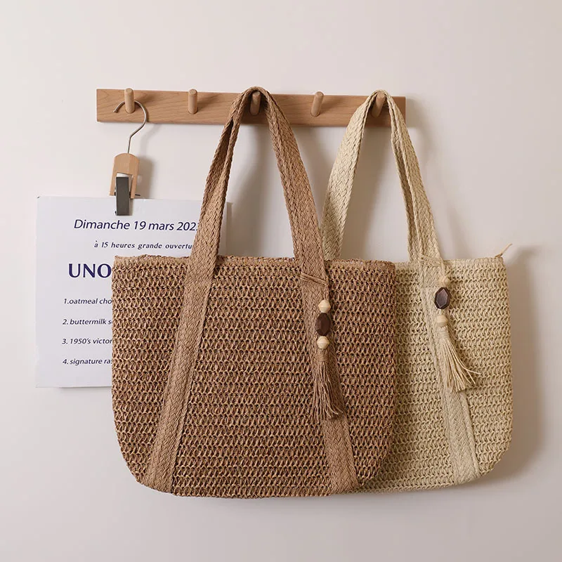 

Yangqi women's ins new woven solid color woven bag versatile large capacity single shoulder grass woven bag vacation beach bag