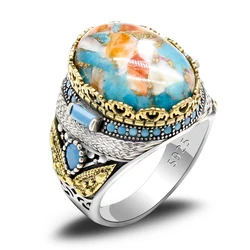 Men's Ring 925 Sterling Silver Natural Oyster Turquoise Vintage Couple Ring Thai Silver Türkiye Jewelry Set Women's Ring
