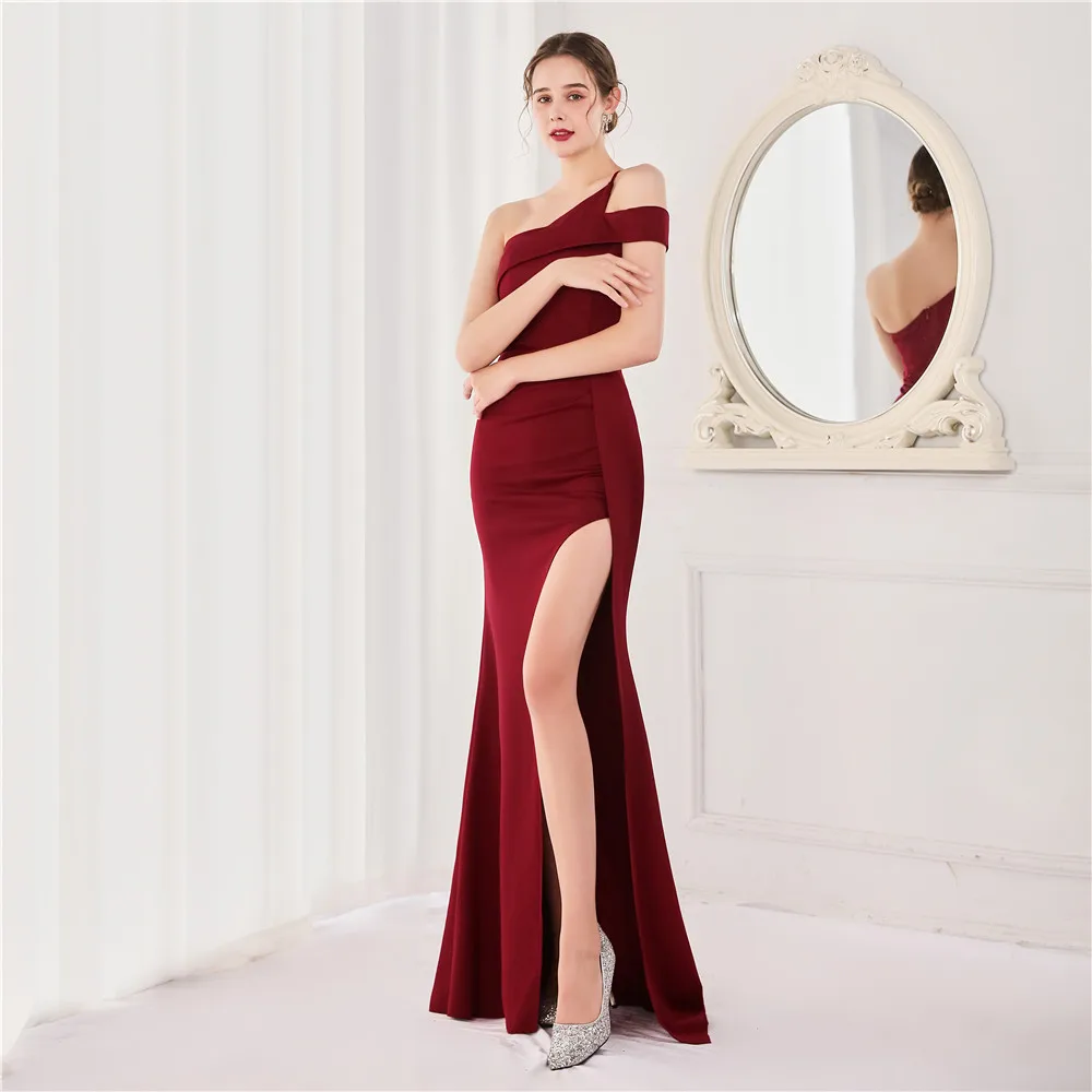 Women Sexy Slit Black Dress One Shoulder Soft Satin Party Maxi Dress Evening Dress Long Prom Dress