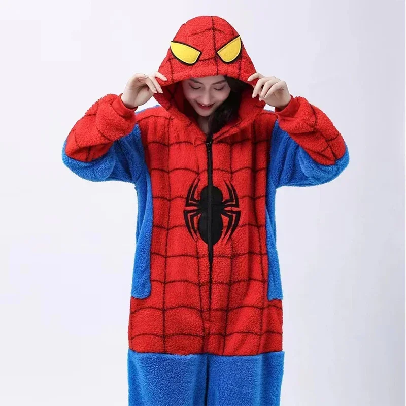 Adult Spider Man Pajamas Costume Superhero Spiderman Cosplay Flannel Hooded Sleepwear Jumpsuit Halloween Pajamas for Men Women