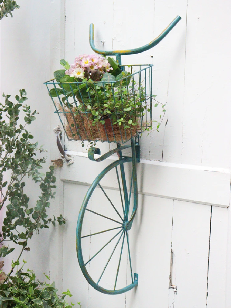 Bicycle flower stand outdoor courtyard wrought iron flower basket hanging basket, green plant balcony wall pendant garden wall