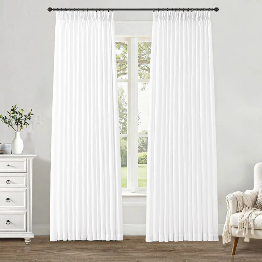 

White Linen Pinch Pleated Curtains 84 Inches Long for Living Room Textured Linen Pleated Hooks Rings Elegant Light Filtering Cur