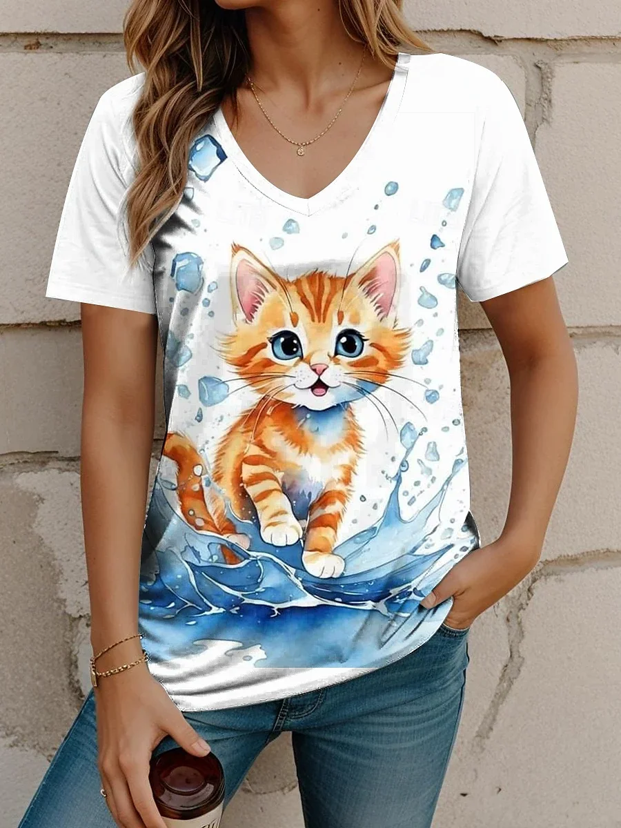 

Plus size Women T-shirt Cat Printed Short Sleeve Female Harajuku Tees Ladies T Shirt Oversized V-neck Tops Animal Women Clothing