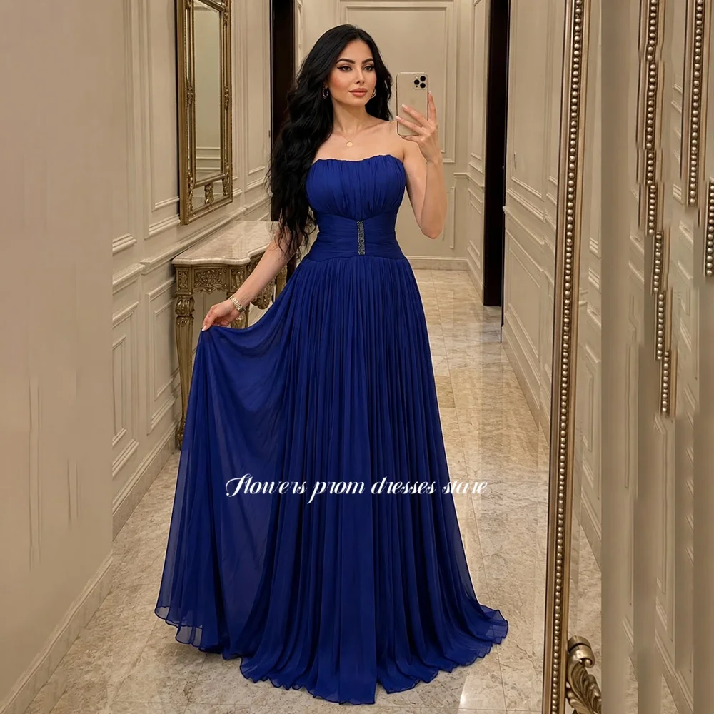 

Flowers Royal Blue Prom Dress with Pleats A Line Party Dresses Beading Chiffon Formal Occasion Dress Robe De Soirée Customized