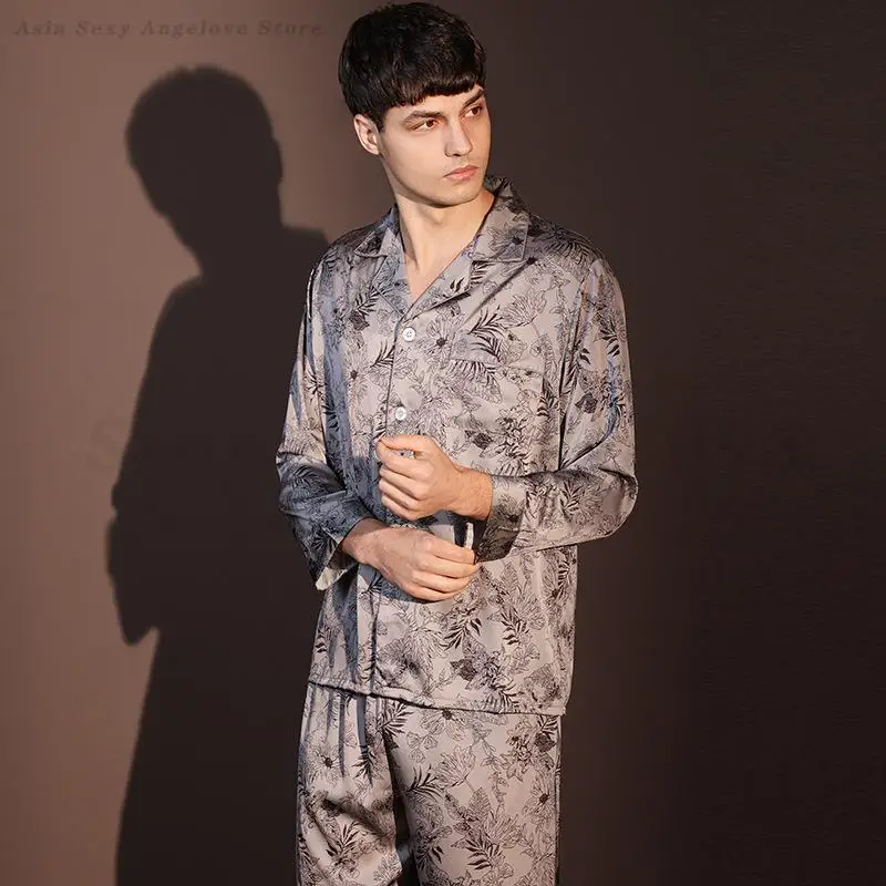 Printed Pajamas Set Men Satin Home Clothes Long Sleeve Shirt&Pants 2Pcs Pyjamas Suit Loose Casual Sleepwear Man Loungewear 3XL