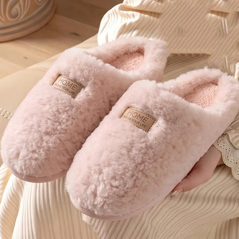 Women Fleece-lined Soft Sole House Slippers Comfortable Short Plush Bedroom Slippers Women Light Weight Non Slip Slides Shoes