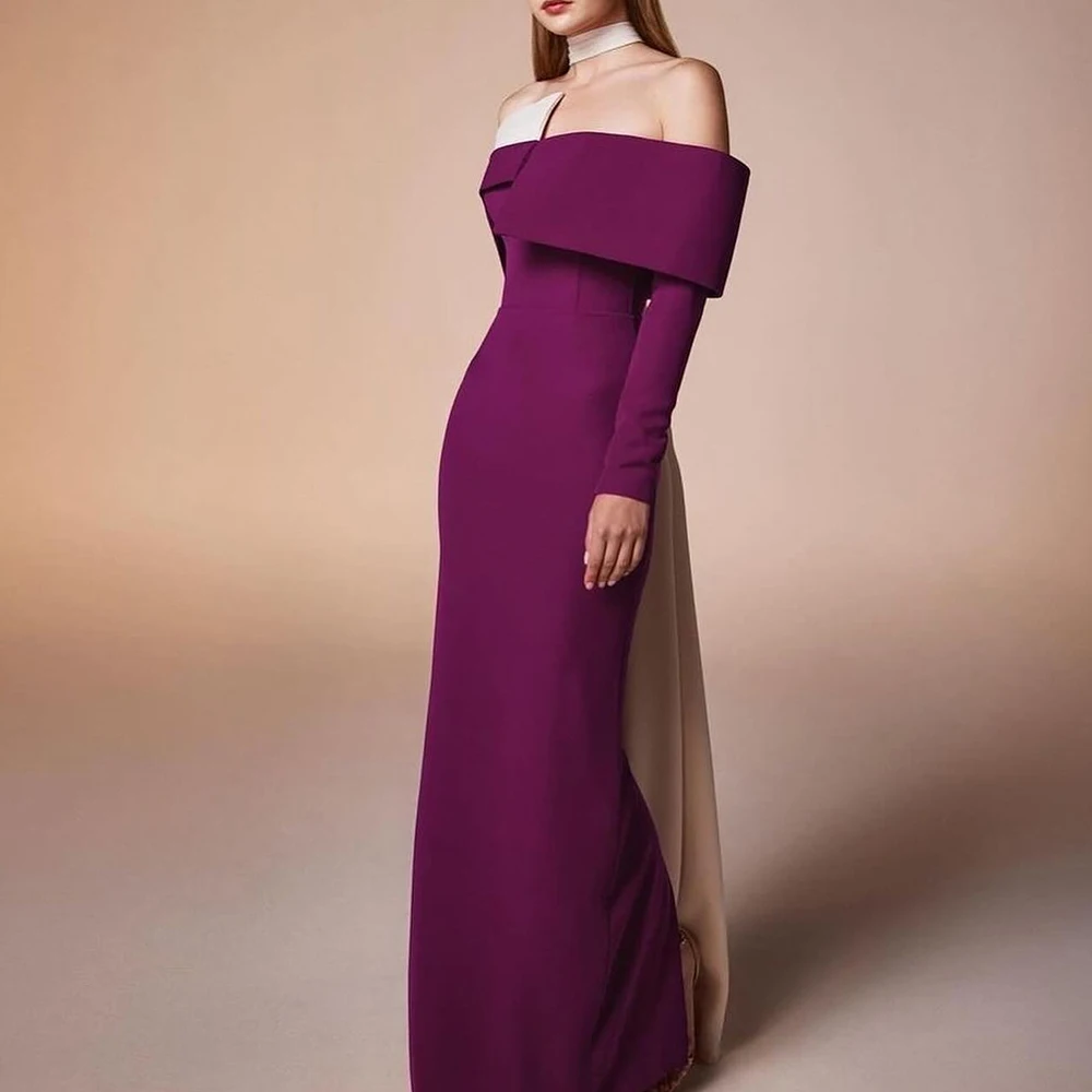 فستان سهرة أنيق بتصميم مكشوف الكتفين، مخصص برقبة على شكل قارب وأكمام طويلة، مصنوع من الجيرسيه بألوان متباينة، تصميم مستقيم عصري لحفلات التخرج 2026