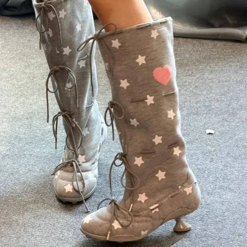 Fashion Women Shoes Sweet Style Round Head High Heeled Boots for Woman Exquisite Lace Knee High Boots Designer Shoes Botas Mujer