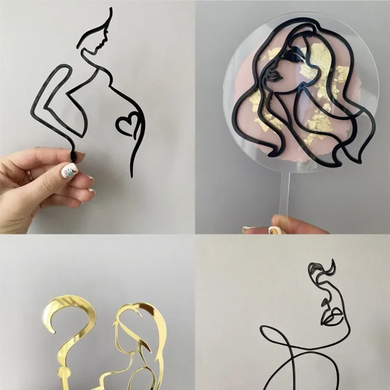 Acrylic Cake Decorations Abstract Simple Line Cake Toppers Expectant Mother Pregnant Woman Cake Sign Girl Cake Baking Decoration