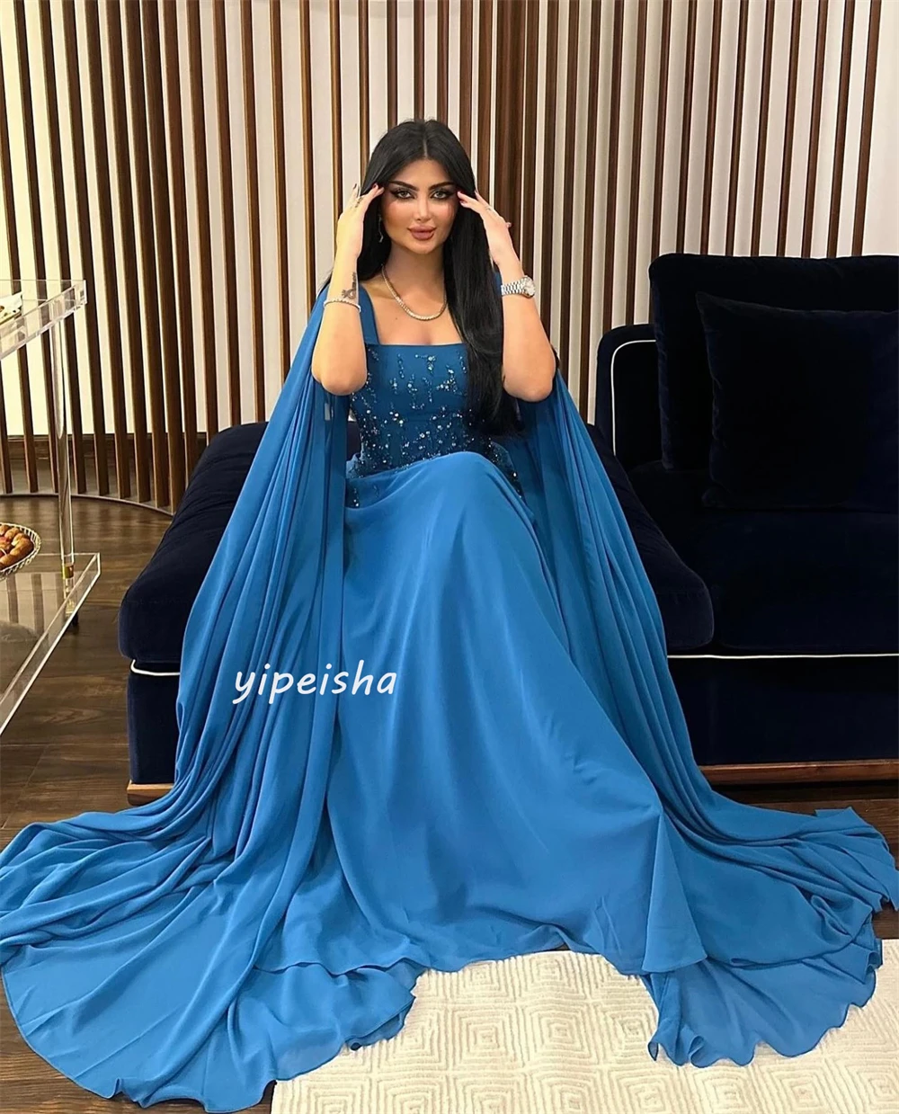 Exquisite Sparkle Customized Jersey Sequined Beading Ruched Clubbing A-line Square Neck Bespoke Occasion Gown Long Dresses