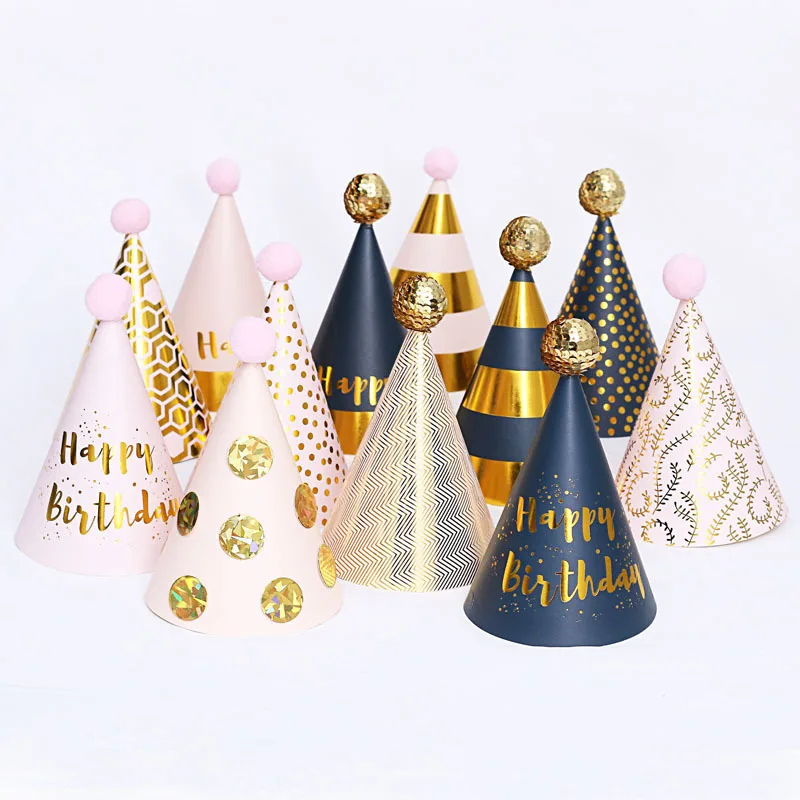 1pcs Happy Birthday Hats Polka Dot Felt Pompoms Paper Cone Caps Baby Shower Adult Children Birthday Party Decoration Supplies